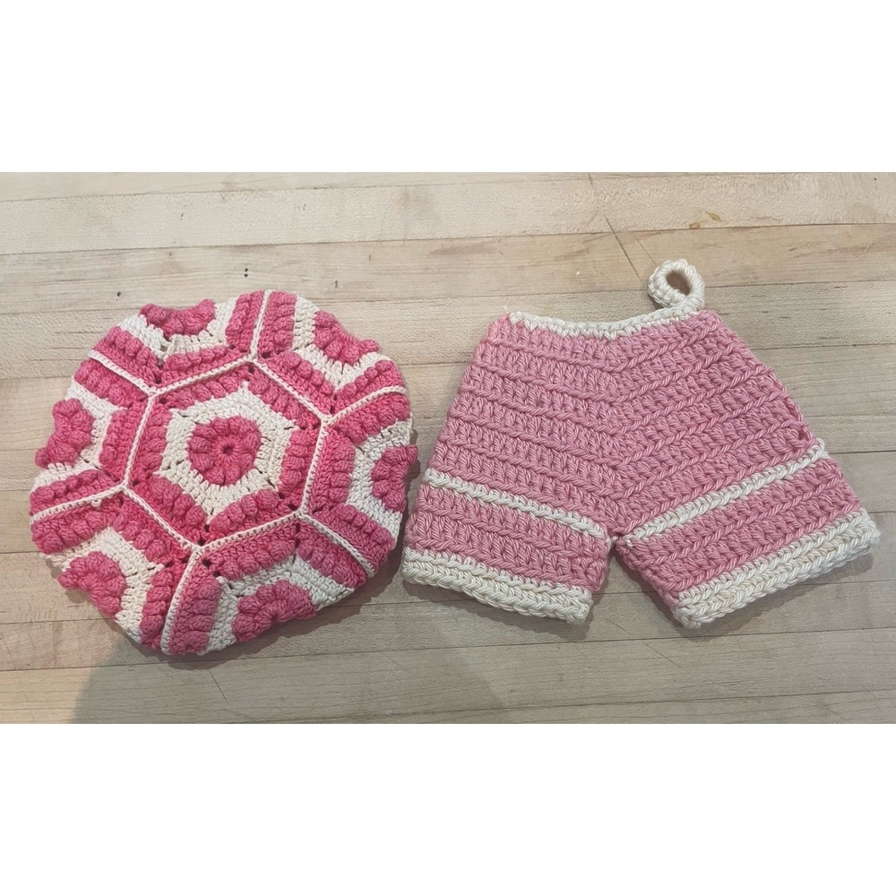 Vtg Crocheted Hanging Hot Pad 2 Trivets Bloomers Pink White ~Cottagecore Decor ~